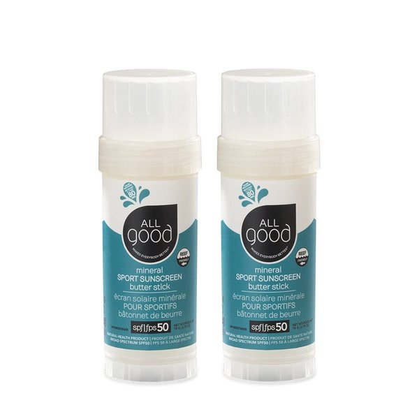 All Good Sports Mineral Sunscreen Butter Stick for Face, Nose, Ears - UVA/UVB Broad Spectrum SPF 50, Coral Reef Friendly, Water Resistant, Zinc Oxide, Coconut Oil, Beeswax, Vitamin E (2.75 oz)(2-pack)