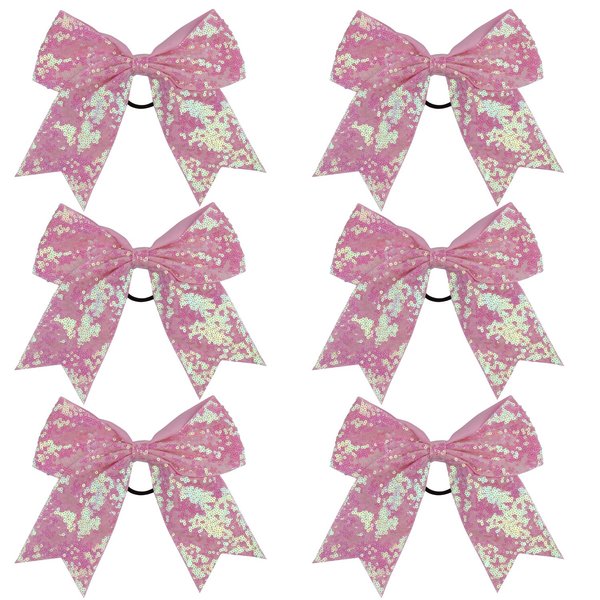 Metallic Sequin and Holographic 8 Inch Cheer Bow Cheerleader Cheerleading Jumbo Cheer Bow Hair Tie(Pink Sequin)