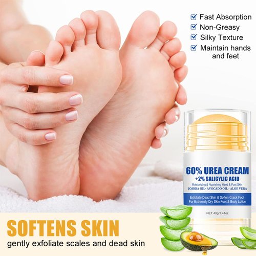 60% Urea Plus 2% Salicylic-Acid Foot Cream - Urea Cream for Feet Moisturizer for Dry Cracked Feet Knees Elbows Hands - Heel Balm Stick Aloe Vera, Beeswax, Urea Foot Cream Smoothing Skin 1.41oz