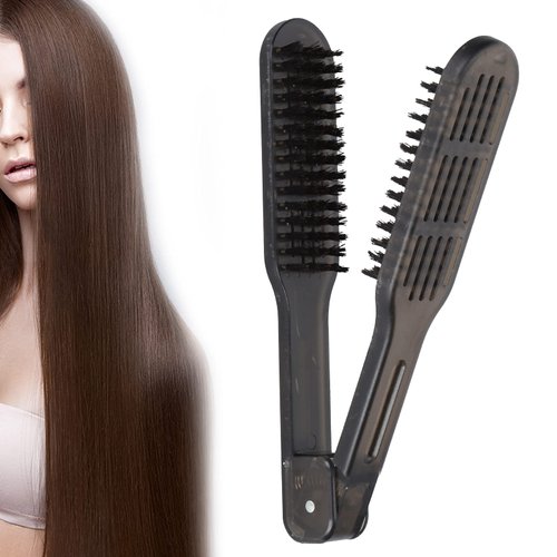Double Side Hair Straightener Brush,Hair Straightener Brush Anti Static Straightening Styling Comb Clamp Use, Boar Bristle Clamp Hair Brush for Smoothing and Straight Hair