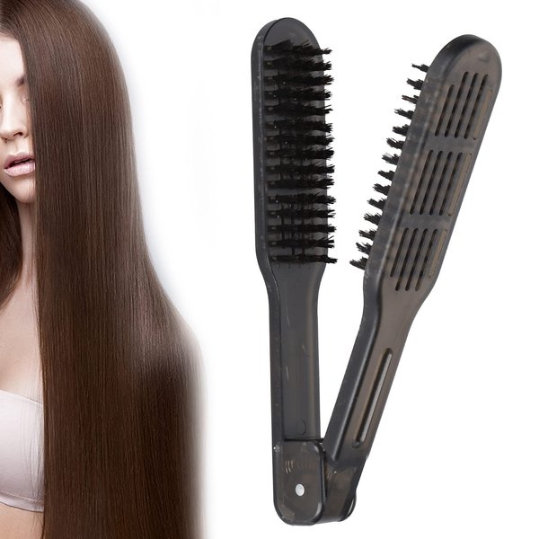Double Side Hair Straightener Brush,Hair Straightener Brush Anti Static Straightening Styling Comb Clamp Use, Boar Bristle Clamp Hair Brush for Smoothing and Straight Hair