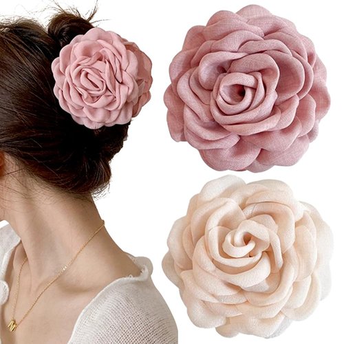 2Pcs Flower Hair Clips For Women,Hawaiian Chiffon Pink Flower Claw Clips Apricot Floral Claw Clip Fabric Silk Rose Flowers Hair Clip Hair Claw Clips Tulle Blossom Clips Hair Summer Hair Accessories