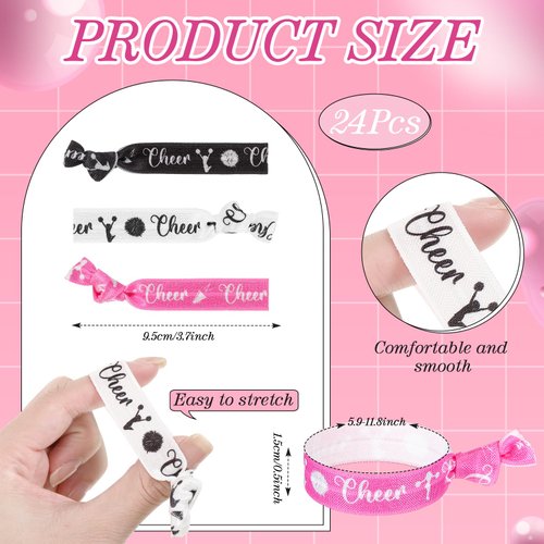 Hanaive 24 Pcs Cheerleader Gifts Cheer Bracelets Cheer Hair Ties Cheerleading Hair Ties Elastic Cheer Hair Accessories Cheerleader Ponytail Holder Wristbands for Girls Women Teams, Black White Pink