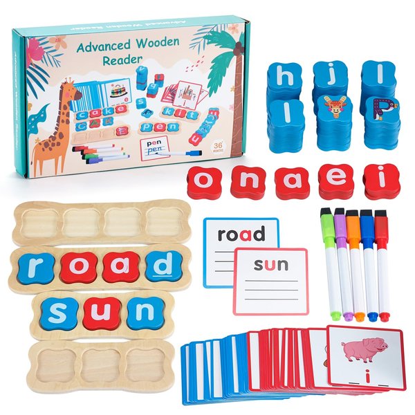 Veais Wooden CVC Word Flash Cards, Preschool Kindergarten Learning Activities, Montessori Educational Toys Alphabet Toys for 3-6 Years Old