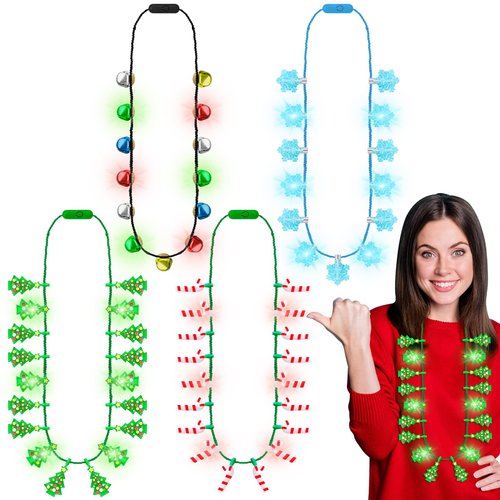 Christmas Party Favors, 4PCS Christmas Necklace Light Up, LED Christmas Accessories, 3 Modes Christmas Bell Necklace with 6 Bulbs Xmas Tree Candy Cane Christmas Light Necklace Kids New Year Bulk