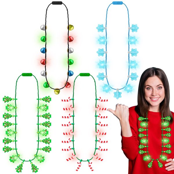 Christmas Party Favors, 4PCS Christmas Necklace Light Up, LED Christmas Accessories, 3 Modes Christmas Bell Necklace with 6 Bulbs Xmas Tree Candy Cane Christmas Light Necklace Kids New Year Bulk