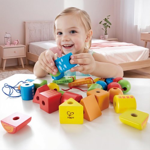 Hape String-Along Shapes | Classic 32 Piece Wooden Block Stacking Game, Multi-Colored Lacing Toy