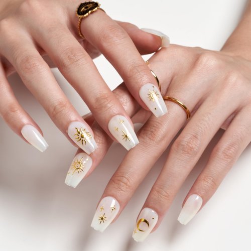 GLAMERMAID Press on Nails Short Coffin, Handmade Milky White Gel Nails Polish Glue on Nails with golden Sun, 24Pcs Reusable UV Finish Fake Nails Acrylic False Nails Manicure Kits for Women Gift
