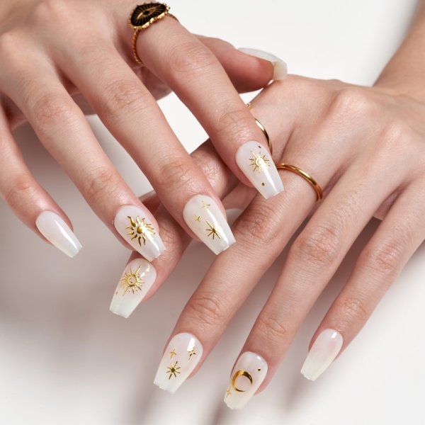 GLAMERMAID Press on Nails Short Coffin, Handmade Milky White Gel Nails Polish Glue on Nails with golden Sun, 24Pcs Reusable UV Finish Fake Nails Acrylic False Nails Manicure Kits for Women Gift
