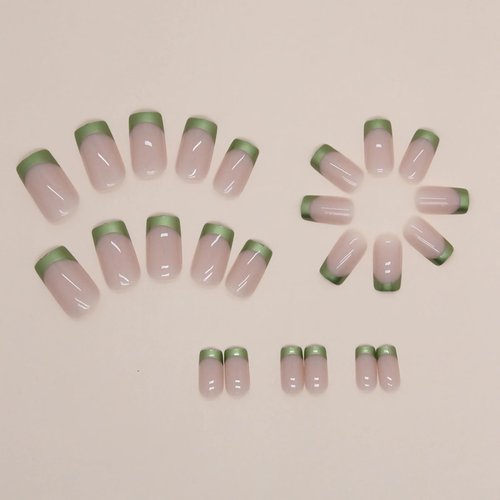 BABALAL Square Press on Nails Medium Fake Nails Green French Tip Glue on Nails Chrome Acrylic Nails 24Pcs Squoval False Nails for Women and Girls