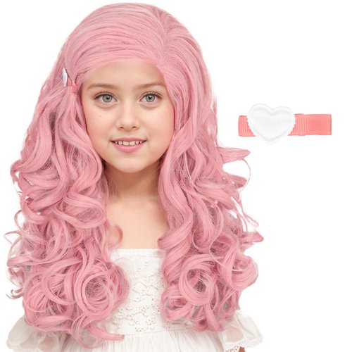 Girls Long Pink Wave Wig with Barrette Halloween Cosplay Party Costume Wig