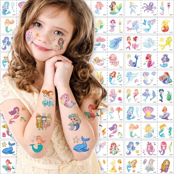34 Sheets Mermaid Temporary Tattoos for Kids Girls, 102Pcs Mermaid Tattoo Stickers for Birthday Party Decorations Favors Supplies, Waterproof Mermaid Fake Tattoos, Ocean Themed Tattoo Stickers