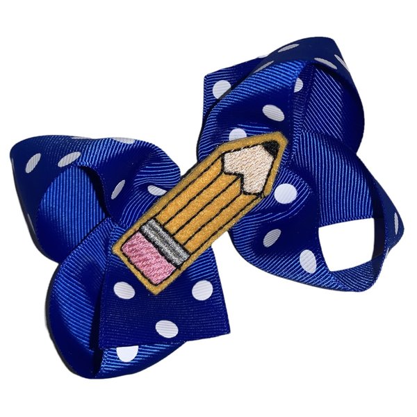 Pencil Blue Polka Dot Boutique Hair Bow 4" with Tails
