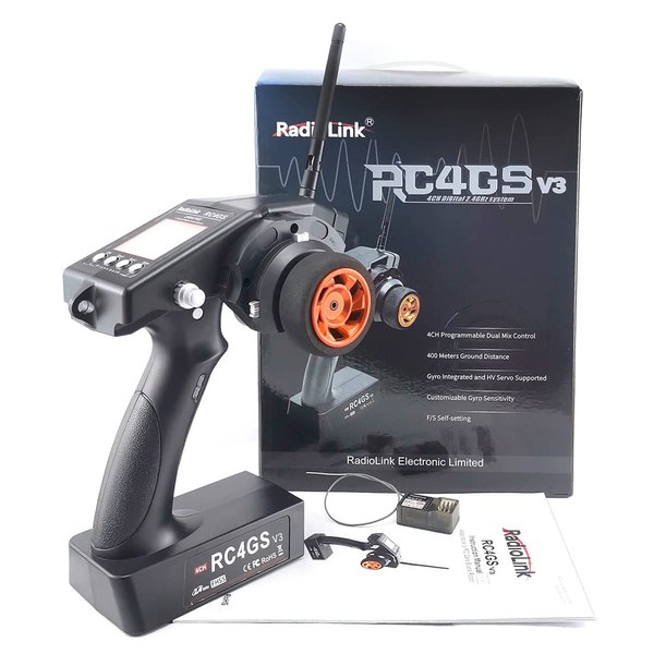 RadioLink RC4GS V3 2.4G 4CH RC Transmitter and Receiver R6FG Gyro Inside Pistol Grip Remote Controller for RC Car Boat Tank Buggy