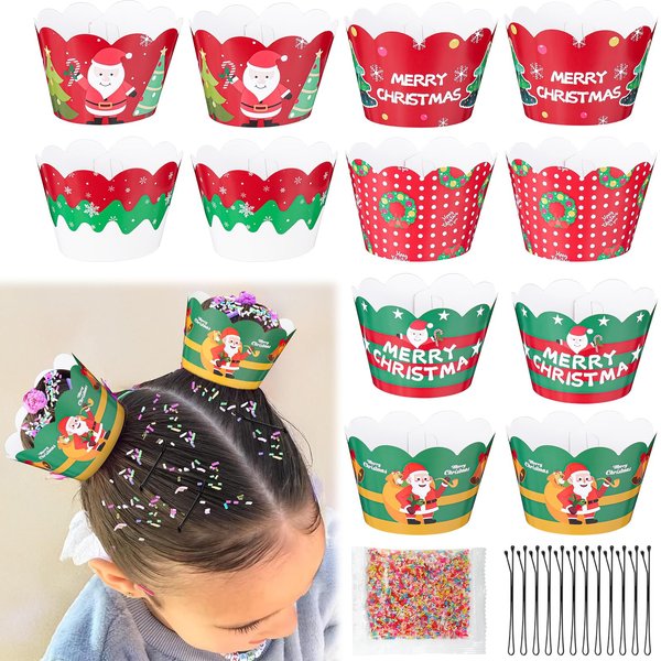 XANGNIER Christmas Hair Accessories Kits for Girls,Women,Kids,12 Pcs Liners Hair Accessories Decorations for Crazy Hair Day with 12 Hair Clips and Silicone Decorative Granules