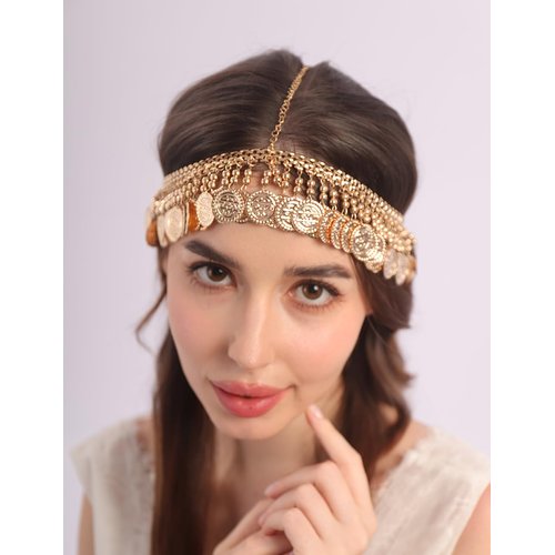 Teyglen Vintage Coin Tassel Head Chain Gold Coin Headchain Bridal Headpiece Headdress Costume Hair Accessories for Women Festival Prom Wedding (Gold)