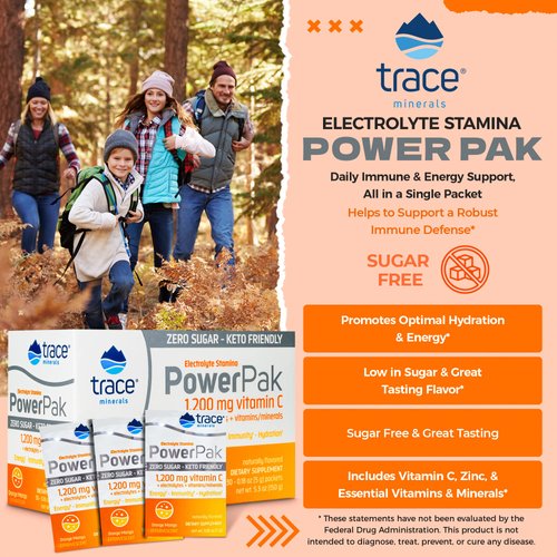 Trace Minerals | Power Pak Sugar Free Electrolyte Powder Packets | 1200 mg Vitamin C, Zinc, Magnesium | Boost Immunity, Hydration and Natural Energy | Keto Friendly | Orange Mango | 30 Packets