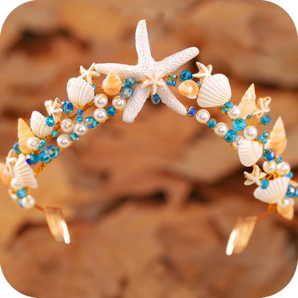 CAKURE Starfish Headband Gold Bride Wedding Headpiece Boho Seashell Headwear Pearl Bridal Headband Beach Wedding Hair Accessories for Women and Girls