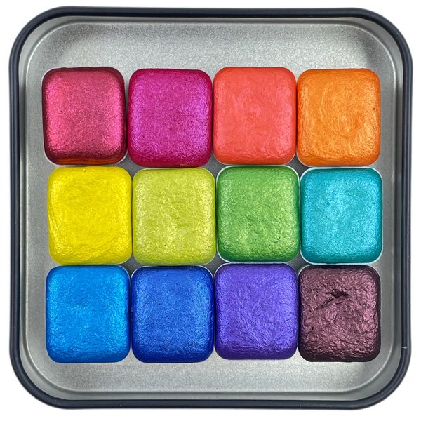 IUILE Handmade Watercolor Paints, Mica Big Sets - Mica Series E Half Pan Set (12 colors) in Tin Case. Metallic, Shiny, Shimmer, Glitter Effects. For Artists, Illustrators, Students, Calligraphers