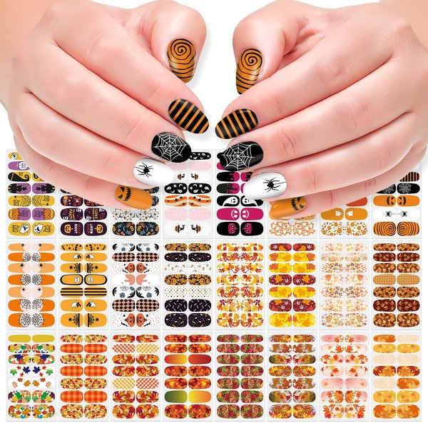 DANNEASY 24 Sheets Fall and Halloween Nail Polish Stickers Full Nail Wraps for Women Holiday Maple Leaf Nail Polish Strips Self Adhesive Fingernail Stickers with Nail File, Cuticle Stick