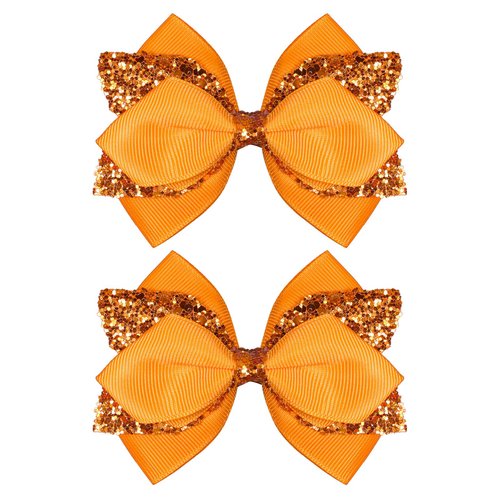 4" Sparkly Glitter Orange Ribbon Hair Bow Clips Barrettes Boutique Sequin Bow Alligator Hairpins for Teens Toddler Girls Kids Fall Give Thanks Halloween Outfit Decor Accessories