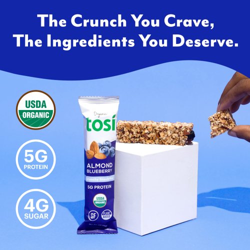Tosi Plant-Based Protein Bars, SuperBites Nut Bars (12 Pack), Almond Blueberry, Vegan Snacks, Crunchy Snack Bar, Gluten Free, Soy Free, Non-GMO, Fiber, Flax & Chia Seeds (1oz each)