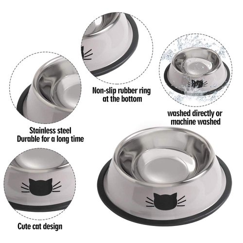 Cat Bowls for Food and Water,2PCS Rapsrk Non-Slip Stainless Steel Small 8 Oz Pet Bowl with Removable Rubber Base Dog Bowl,Stackable Puppy Dishes with Cute Cat Painted