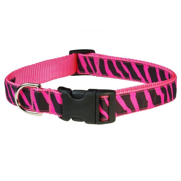 Small Pink Zebra Dog Collar: 5/8" wide, Adjusts 10-14" - Made in USA.