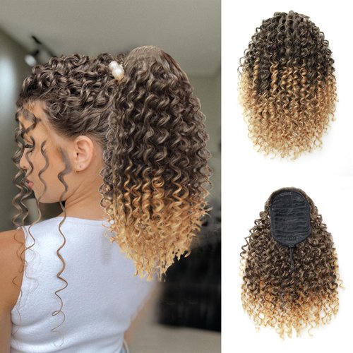 YXCHERISHAIR Ponytail Extension,Curly Wavy Ponytail Ombre Brown Drawstring Ponytail Hair Extensions for Women Natural Wavy Synthetic Hairpiece for African Women Daily Use Party(T1B/27, 14inch)