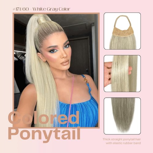 VAVANGA 28inch Long Ponytail Extension with Hair Tie, White Grey Yaki Straight Ponytail Thick Braiding Hair Ponytail Natural Fake Pony Tails Hairpiece for Women (#171/60)