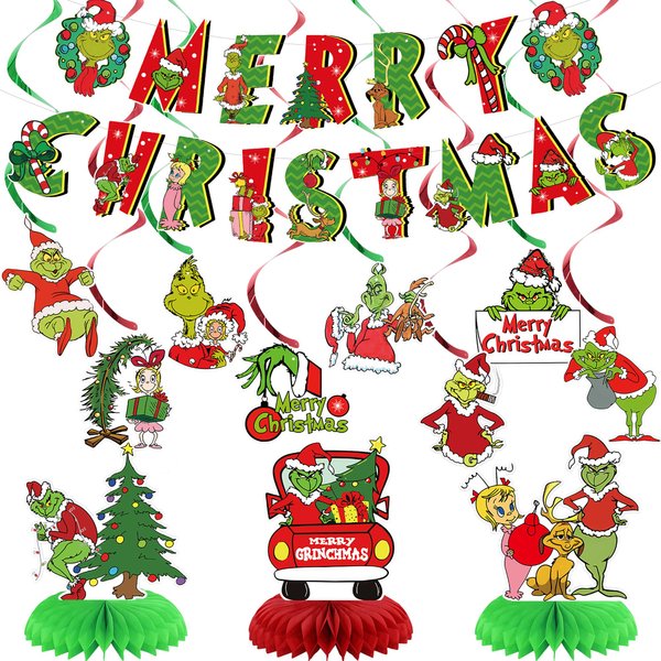 Grinch Christmas Birthday Party Decorations, Include Happy Birthday Banners,Hanging Swirls and Honeycomb Centerpiece for Grinch Party Supplies