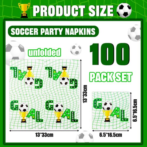 100Pcs Soccer Napkins for Soccer Party Decorations 13 x 13 inch Soccer Birthday Party Napkins for Kids Sport Party Baby Shower Birthday Party Soccer Party Supplies