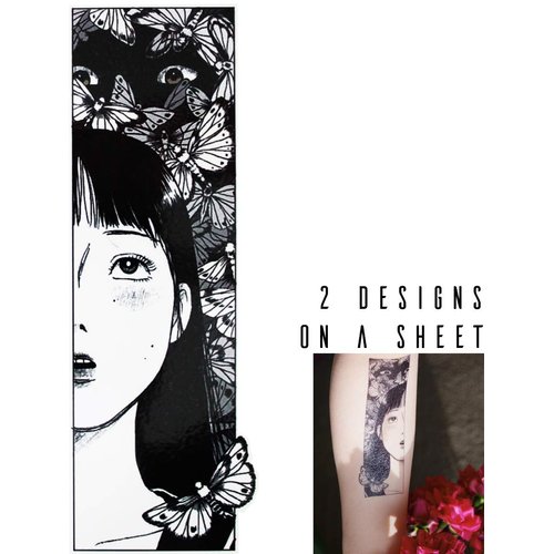 Novu Ink Mothman Behind The Girl Temporary Tattoos | 2 Designs on a Sheet | Fake Tattoos | Art Design Transfers/Stickers | for Body, Arm, Leg etc | (12.5cm x 5cm)