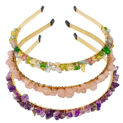 FZBHRO Rose Quartz Headband Amethyst Hair Accessories Raw Crystal Quartz Hair Tiara Colorful Spiritual Crystal Beads Headband for Girls 3pcs