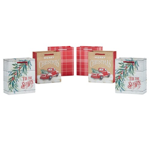 Hallmark 6" Small Rustic Christmas Gift Bag Bundle (6 Bags: Red Truck, Tis the Season," Red and White Plaid) for Gift Cards, Teacher Presents, Holiday Party Favors