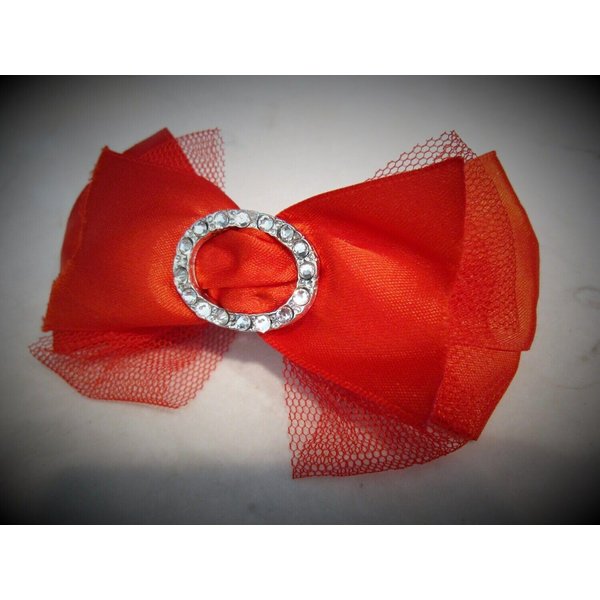 Red rockabilly shiny, lacy bow hair clip barrette with crystals