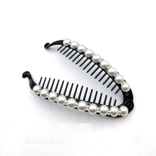 3Pcs Faux Pearl Rhinestone French Banana Clip Ponytail Vertical Clip Hair Clincher Hair Comb Fishtail Clip Grips Clamp Headwear Styling Hair Accessories for Women Teen Girls, Black