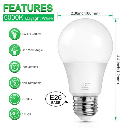 MAXvolador 12-Pack A19 LED Light Bulbs, 100 Watt Equivalent LED Bulb, 5000K Daylight White, 1100 Lumens, E26 Medium Base, CRI 85+, Non-Dimmable