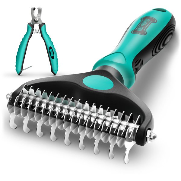 Ruff 'N Ruffus Dog Brush for Shedding - Double Sided Undercoat Rake for Dogs & Cats - Dematting Comb for Dogs - Deshedding Dog Brush with Nail Clipper - Cat Grooming Brush Reduce Shedding by 95%