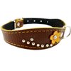 Brown Genuine leather Designer Dog Collar 14.5"x1" with Studs, Daisy, and Rhinestone