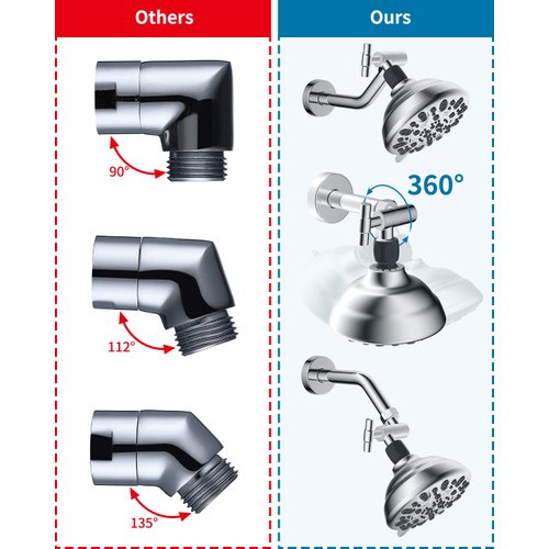 Hibbent All Metal Shower Head Elbow Adapter, 360 ° Adjustable Swivel Brass Showerhead Adapter, Stainless Steel Shower Arm Extension for Fixed and Rain Showerhead, Wall Mounted Shower Connector, Chrome