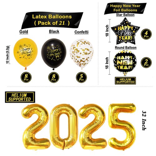 Happy New Year Decorations 2025 Set-Huge 2025 Gold Foil Number Balloons, Happy New Year Banner Black and Gold Latex Balloons, New Years Eve Party Supplies 2025 for Home Office Decorations