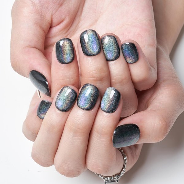 GLAMERMAID Press on Nails Extra Short Squoval, Handmade Rainbow Black Gel Nails Polish Glue on Nails, 24Pcs Glossy Round Reusable UV Finish Fake Nails Acrylic False Nails Manicure Kits for Women Gift