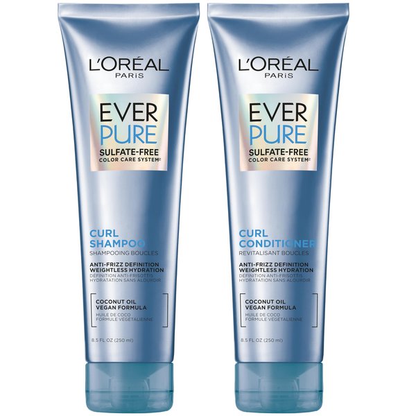 L'Oreal Paris Sulfate Free Shampoo and Conditioner for Curly Hair, Lightweight, Anti-Frizz Hair Care with Coconut Oil, EverPure, 8.5 Fl Oz, Set of 2 (Packaging May Vary)
