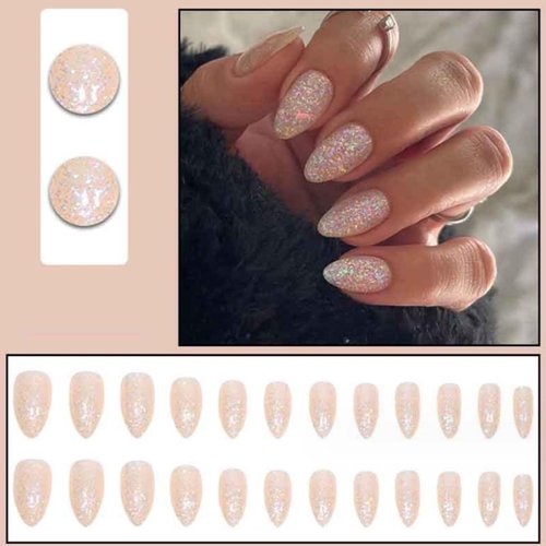 Gifiky Short False Nails Almond Press on Nails Bling Nails Tips Full Cover Ballerina Fake Nails for Women and Girls 24Pcs