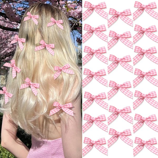 SAWINDA 20PCS Pink Mini Bow Hair Clips Gingham Craft Hair Bows Small Bows for Hair Sweet Bowknot Hair Ribbon Clips Cute Claw Clips Hair Barrettes Accessories for Teens Women and Girls