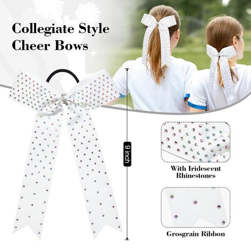 DEEKA 12 PCS Glitter Collegiate Style Cheer Bows Long Tail Full Rhinestones Skinny Shiny Cheer Bow Ponytail Holder Handmade Bows for Girls Teens Cheerleader Sports -White