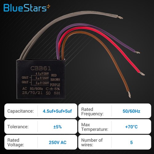 CBB61 4.5uf+5uf+5uf 5-Wire 250V AC Ceiling Fan Capacitor by BlueStars - Pack of 1 - Replacement for Hampton Bay Ceiling Fan - 50/60 Hz - 2 Wires Electrical Power Relay Connecting Capacitor