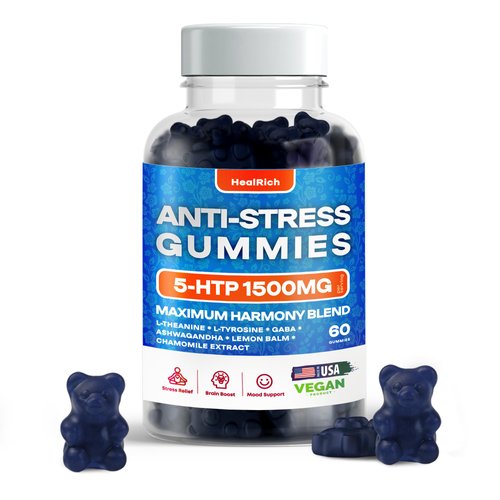 Stress Relief Gummies - 1500MG 5HTP with L-Theanine Gaba & L-Tyrosine - Ashwagandha Herbal Supplement Supports Intellectual Alertness Vegan Brain Mood Booost Supplements for Kids & Adults Made in USA