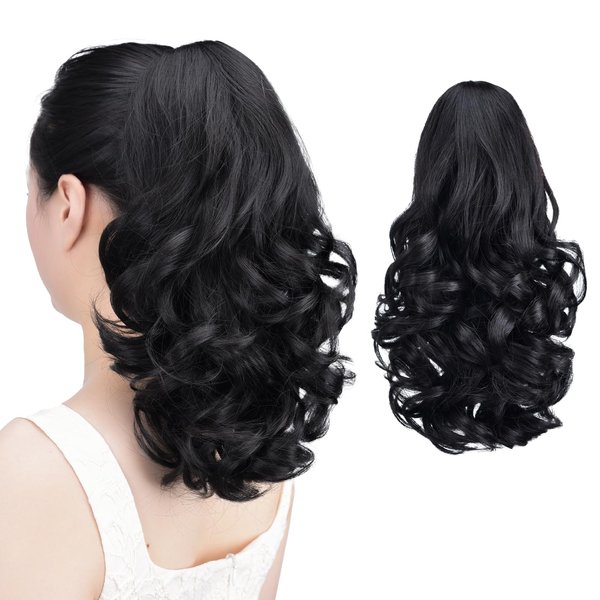 Tiklans Black Ponytail Extension,14" Clip in Ponytail Extension for Women Short Ponytail Hair Extension Synthetic Heat Friendly Fiber for Girls